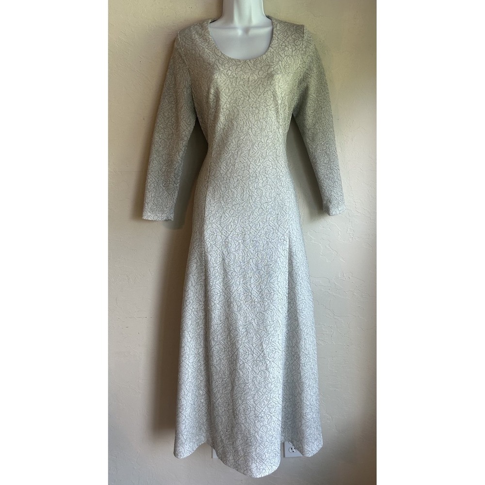 Vintage Handmade 60s 70s Silver Lurex Floral Brocade Maxi Dress XS S Regency Mod